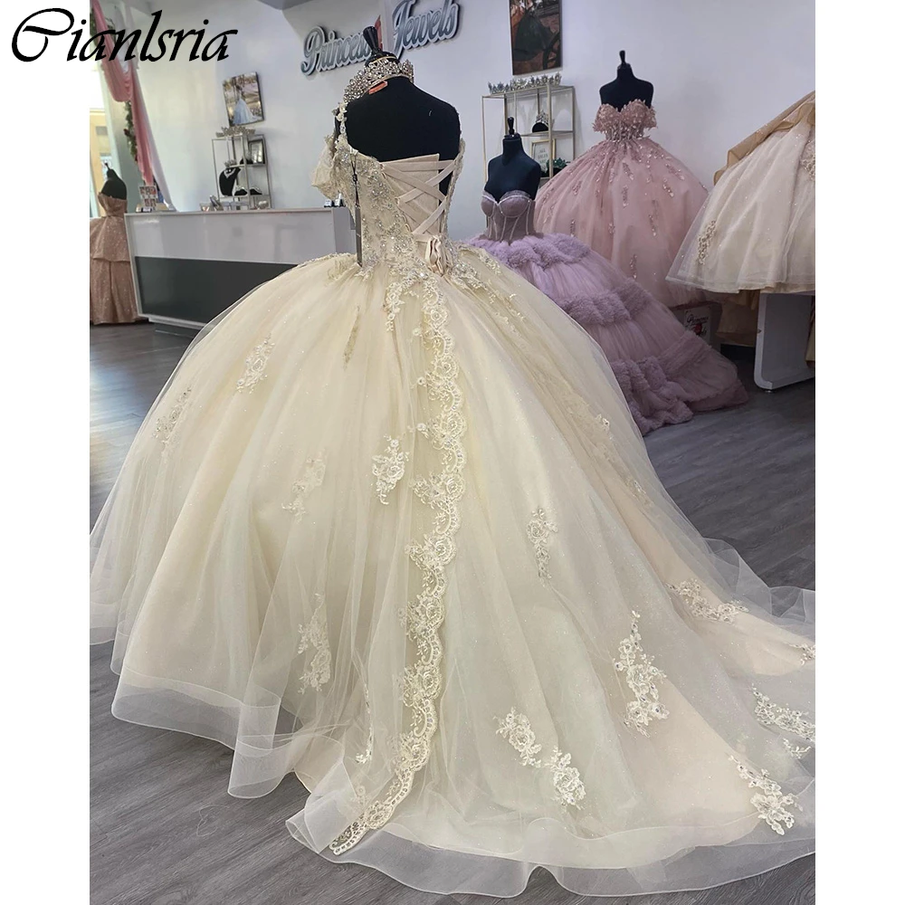 Vestido De Quinceañera De encaje con volantes, traje con tirantes finos, corsé con cuentas De cristal, color champán, 15 Años