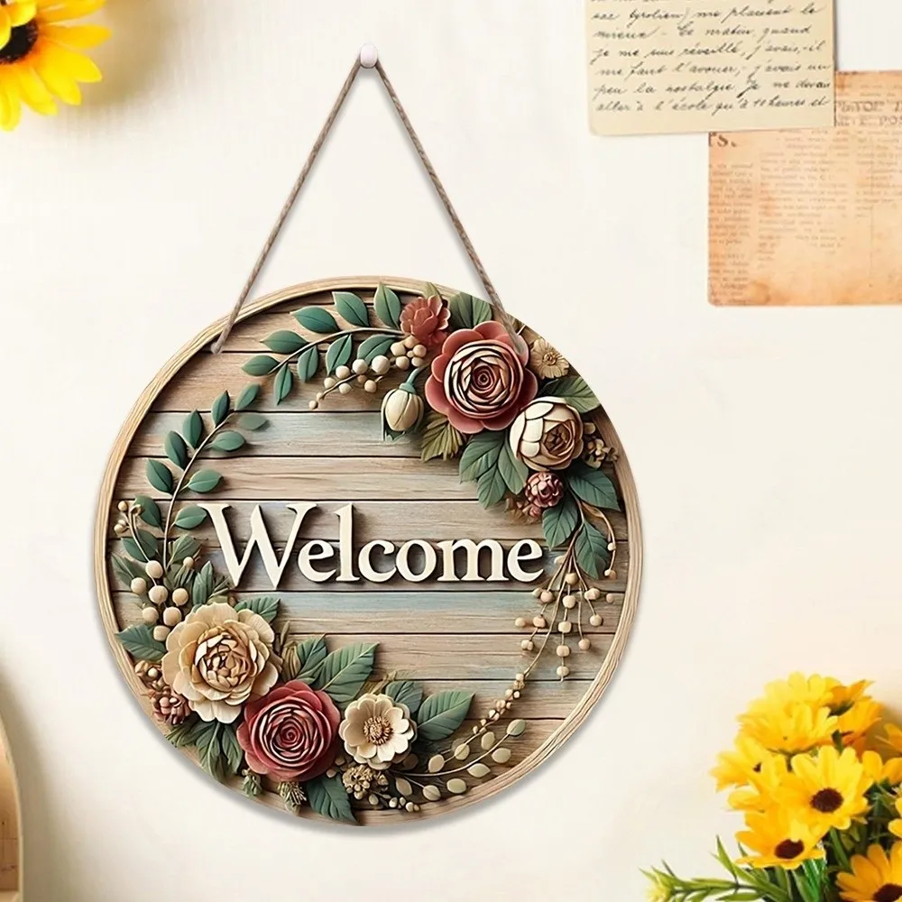New 2D Flat 2D Round Welcome Sign Retro Style Cat Print Hanging Wooden Board Floral Print Warm Home Hanging Plaque Home Decor