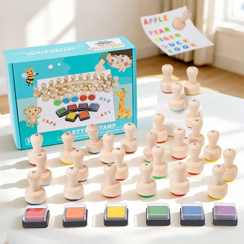 26 Pieces Wooden Alphabet Stamps for Kids Gift Word Spelling Uppercase Letter Learning Toy Educational Toy Wood Letter Stamp Set