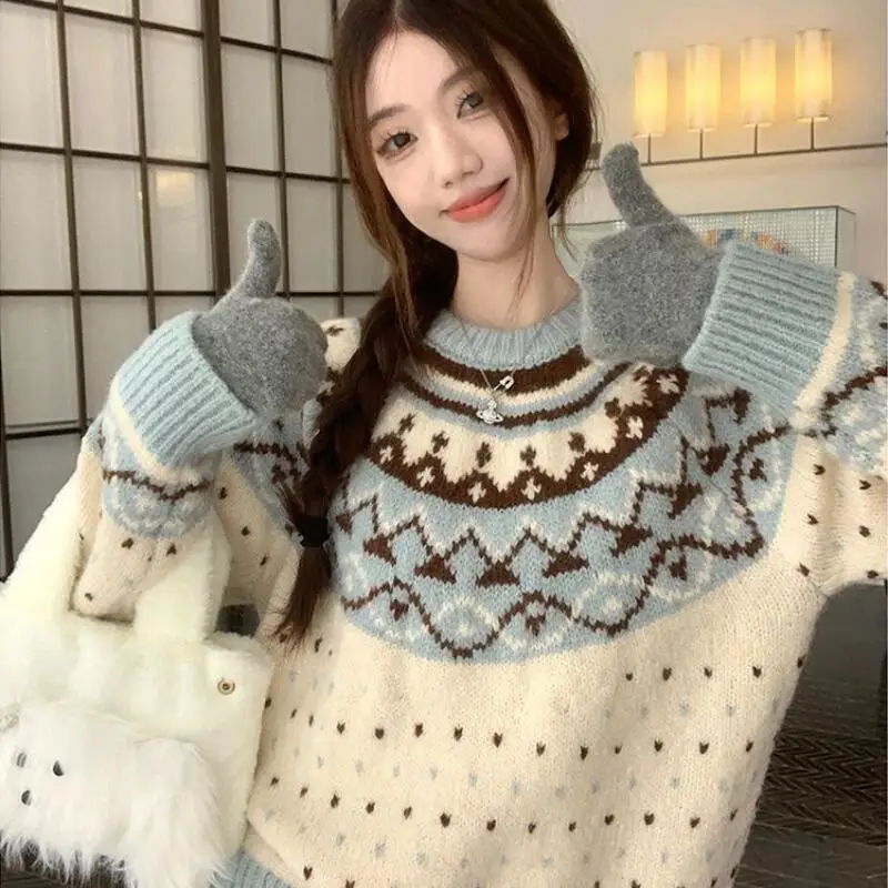

Retro Jacquard Contrasting Color Christmas Women's Sweater Knitted Cardigan Autumn Winter Female Thicken Outerwear Tops Coat