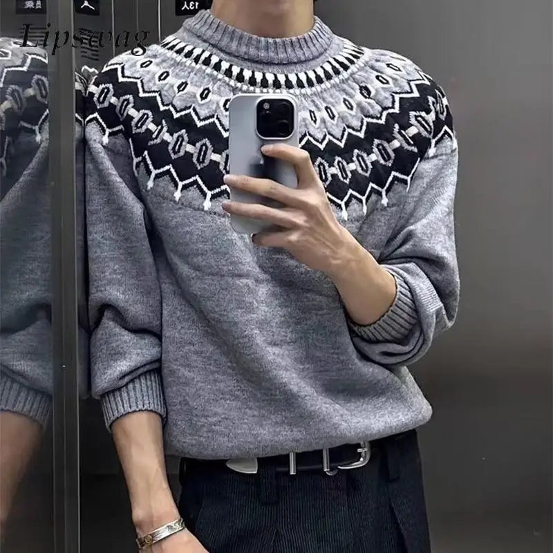 

Fall Winter Men's Casual Sweaters Long Sleeve O Neck Knitted Pullovers Men Stylish Pattern Crochet Knit Sweater Streetwear