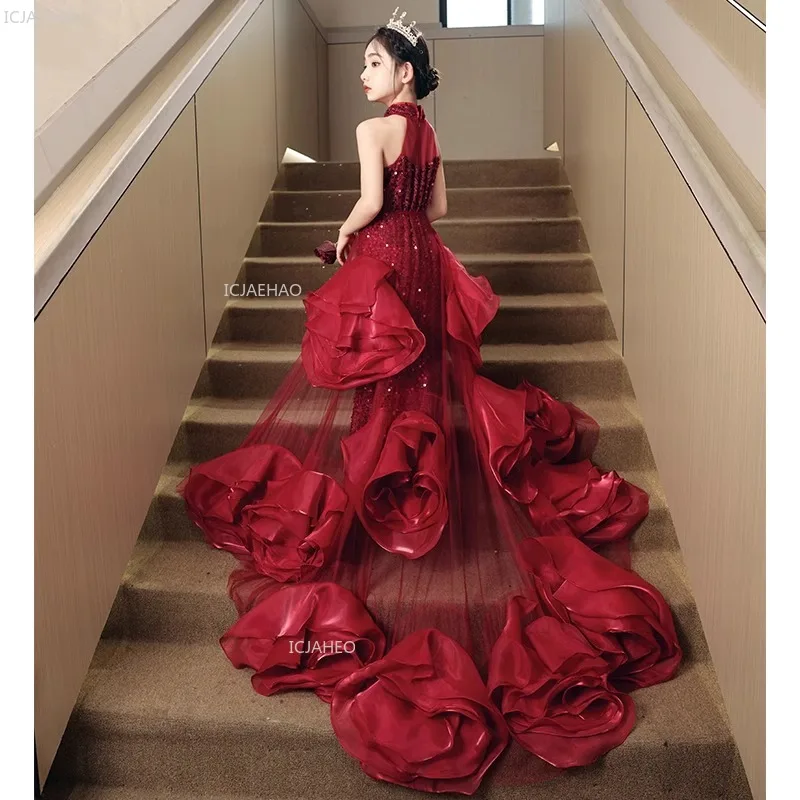 Red Kids Girls Evening Dress with Long Train for PianoShow Pageant Formal Celebration Gown Performance Host Children Fashion