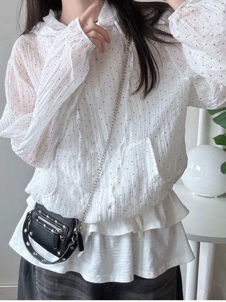 Chic Polka Dot Print Hooded Sun Protection irt Jaet Women's Summer New Dstring Thin Top Soft Anti-Aging Trendy Commute...