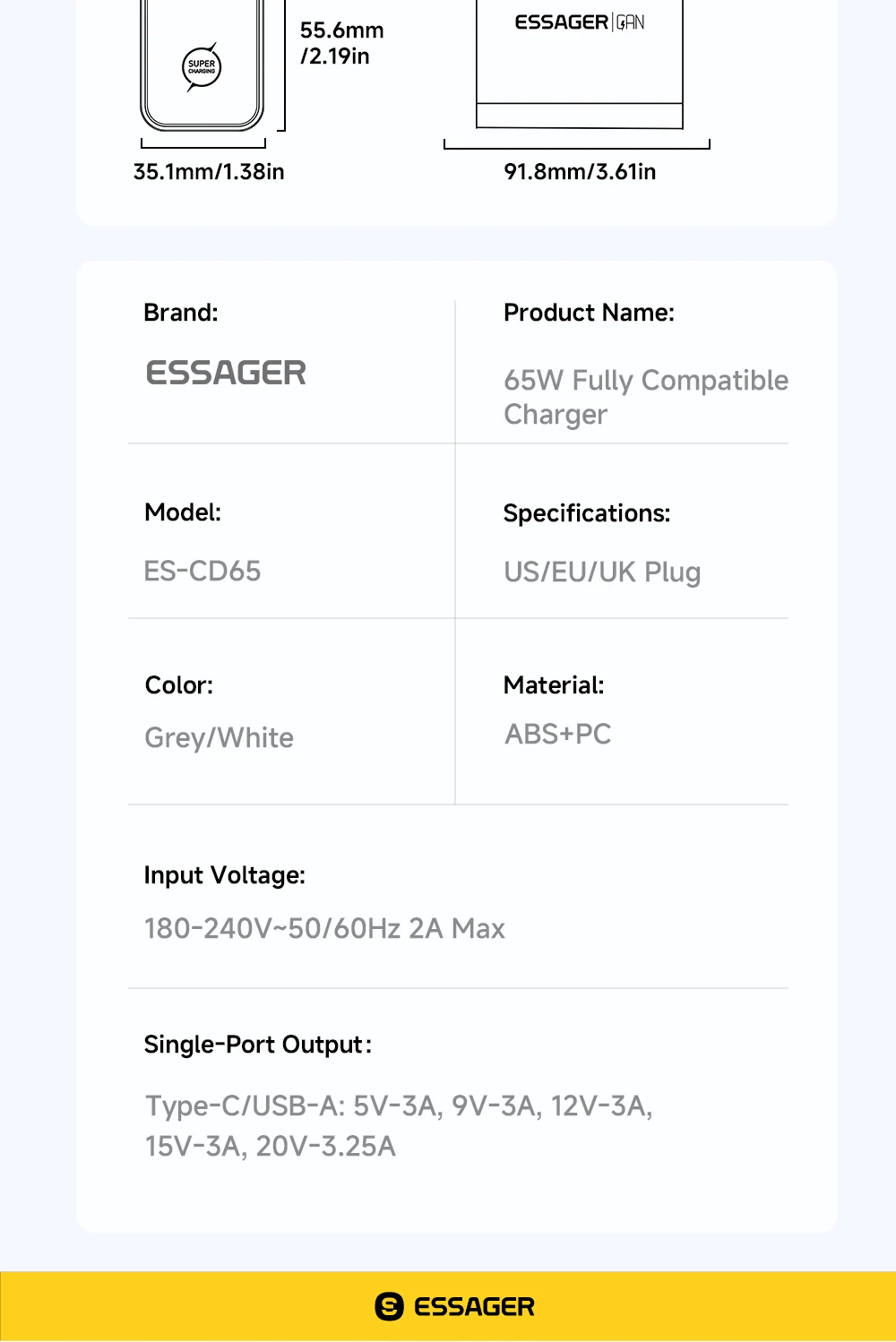 Essager 65W GaN Ladegerät PD-Ladegerät Typ C USB-Ladegerät unterstützt QC3.0 Tragbares Schnellladegerät für iPhone Huawei Xiaomi Laptop-Ladegerät – Detail 12