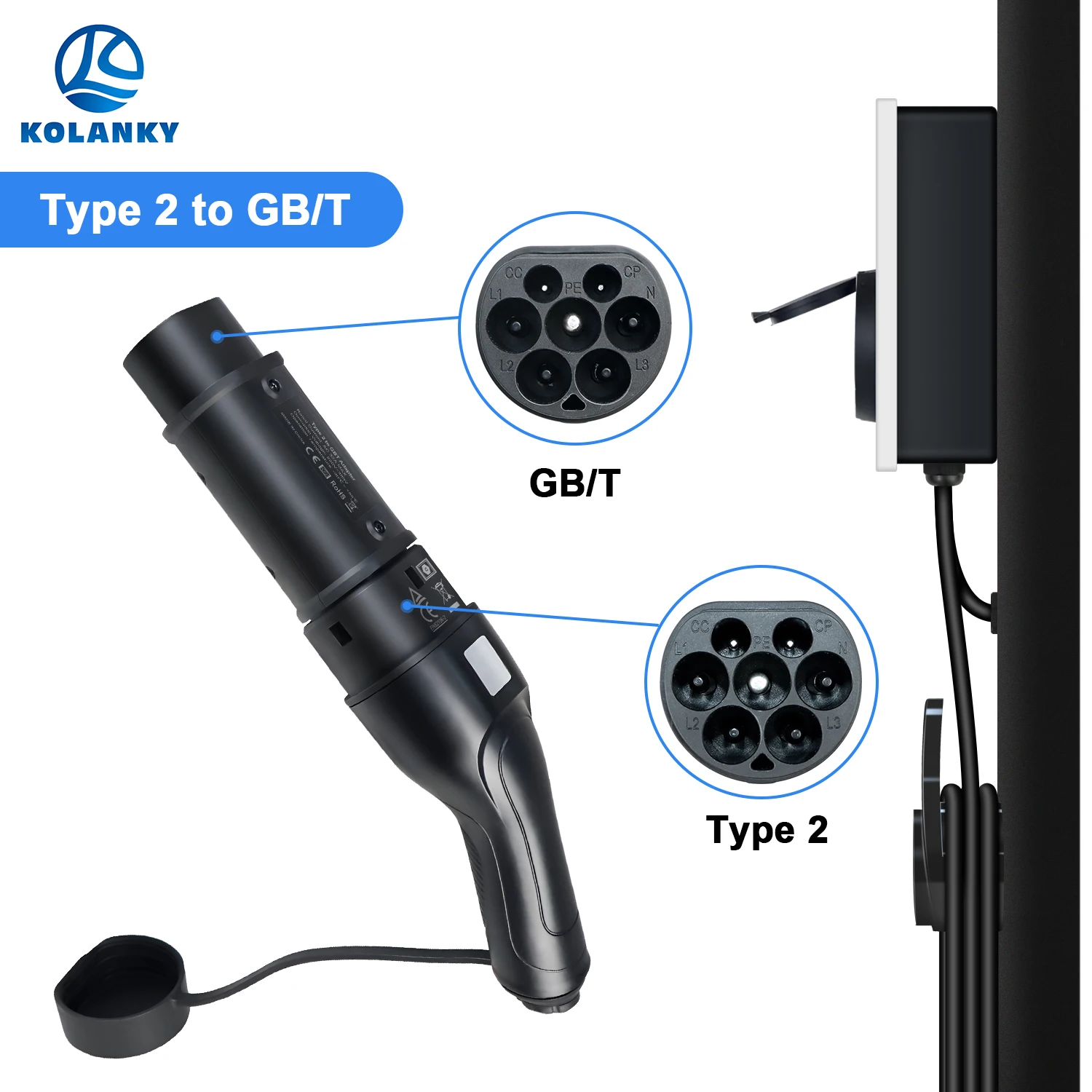 Kolanky 32A 7.2kw 22kw  Type 2 To Gbt Adaptor Home Charging Conventer For GBT China Electric Vehicle Hybrid Cars