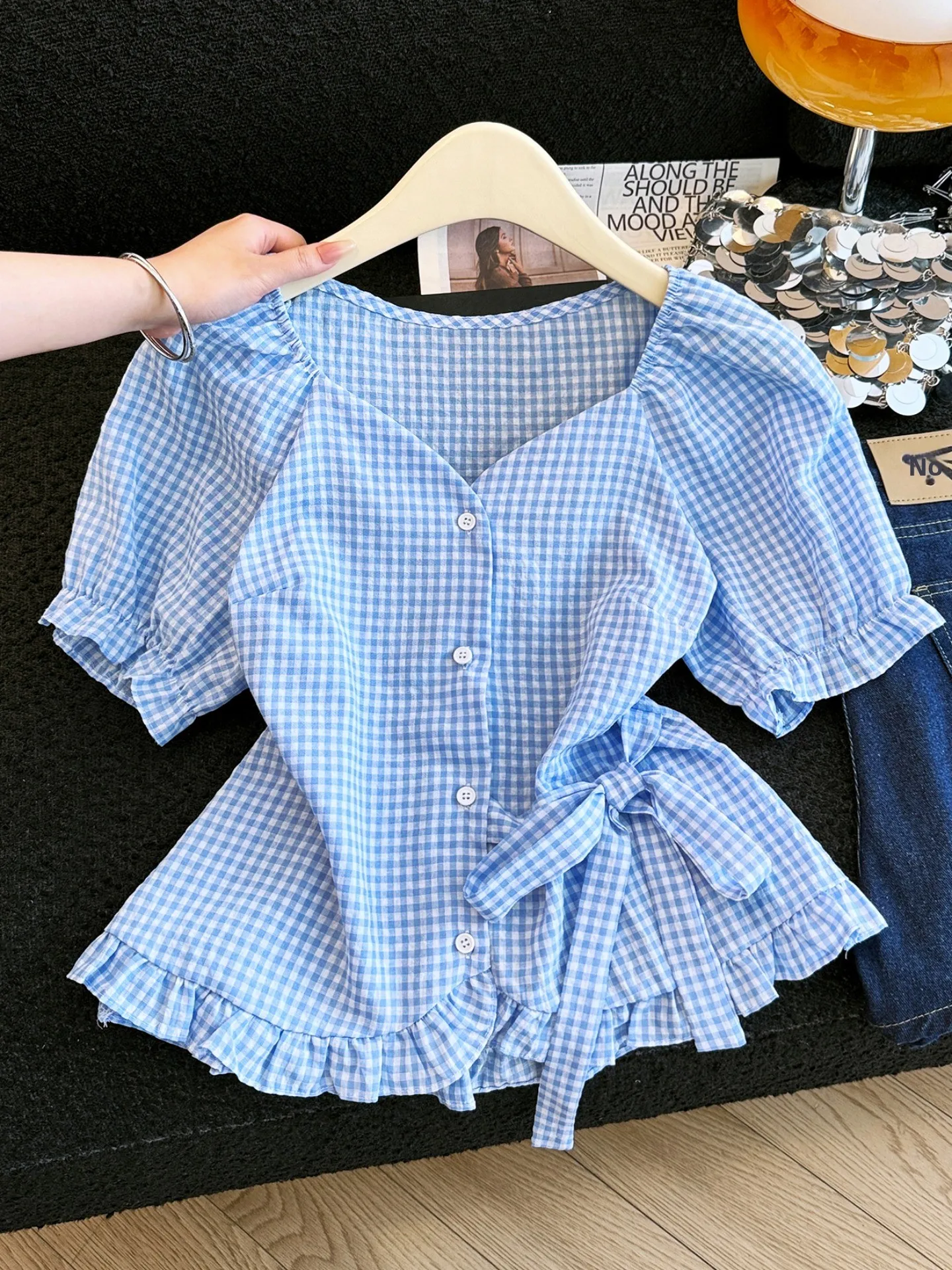 

Blue Summer New Style Women's Shirt Plaid Waist-Cinching Short Sleeve Heart Collar Bubble Sleeve Self-tie Top Korean Style Co...