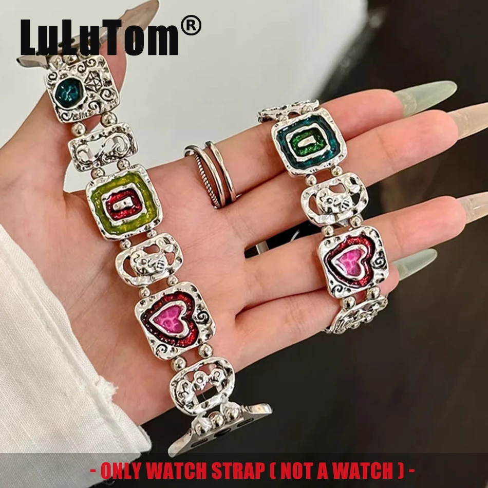 

Винтажный рельефный ремешок для Apple Watch Series 11, 10, 9, 8, 7, 6 SE UItra iWatch 49/46/45/44/42/41/40/38 мм, металлический браслет в стиле панк Y2K