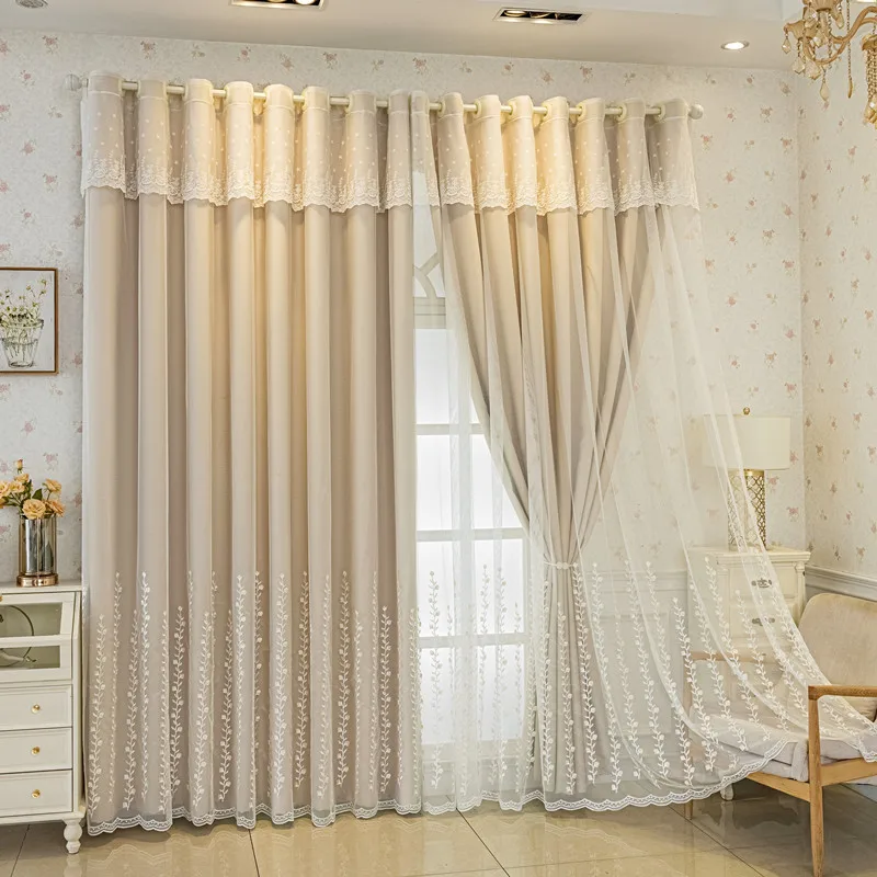 Double Layer Curtain Fabric Set, Branch Embroidery Design, Simple Pure Color Nordic Style, Full Sun Blocking Bedroom Shade Cloth