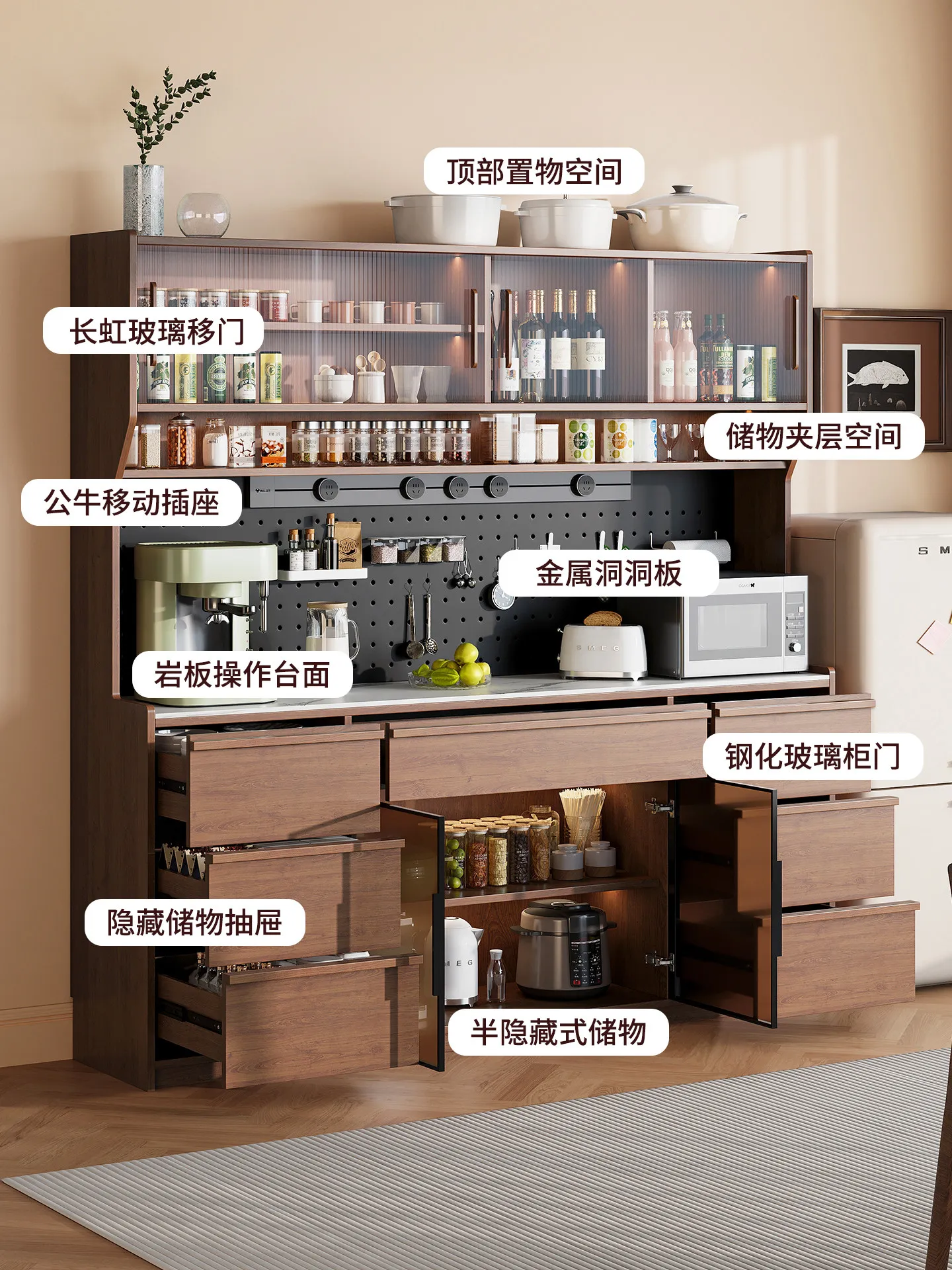 PYH solid wood dining side cabinet integrated locker against the wall, antique new track socket in the living room
