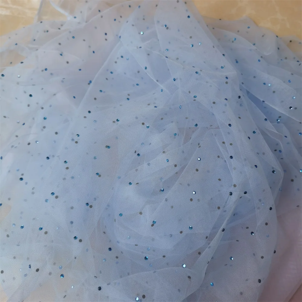 Miękki Jasnoniebieski Różowy Off White 1Yard Sparkle Rhinestone Hot Drill Tulle Mesh Lace Fabric Bride Veil