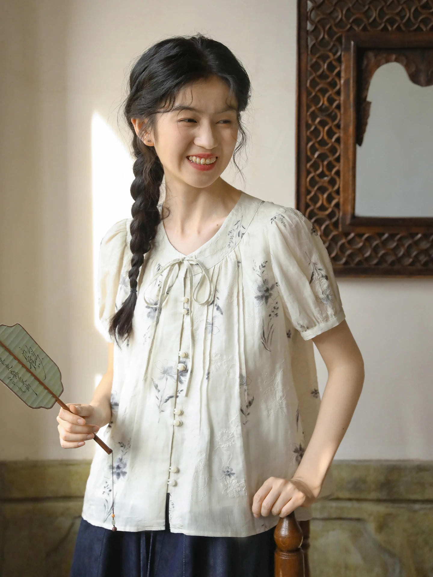 

Женская льняная рубашка Nesoulum, летняя свободная рубашка с вышивкой и цветочным принтом, повседневный винтажный топ с короткими рукавами и круглым вырезом