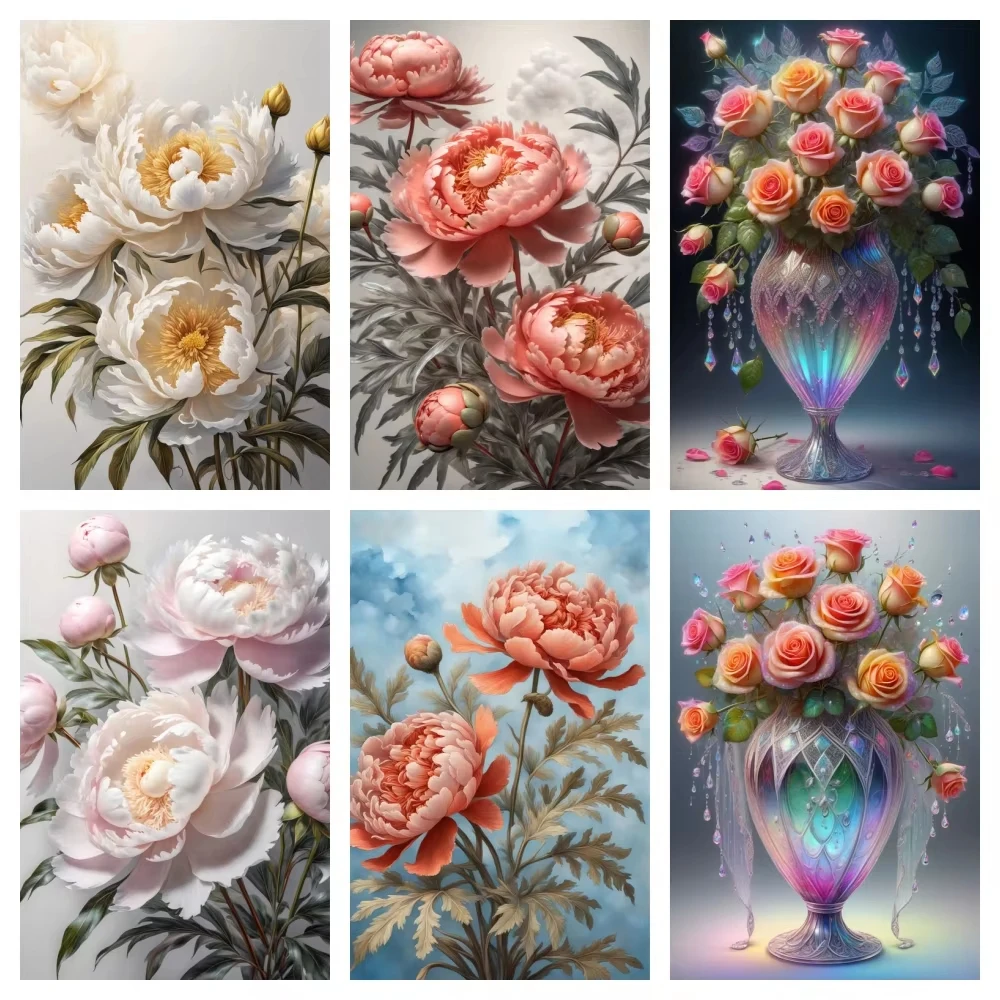 

Цветок пиона, алмазная живопись, цветочный пейзаж, полный круглый горный хрусталь, мозаика, набор для вышивки крестом, букет, ручная работа, домашний декор, подарки