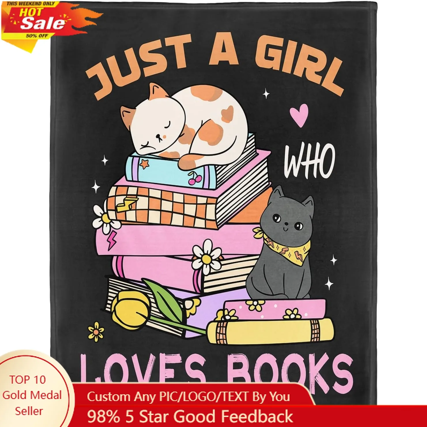 

Cat Lover Blanket Just A Girl Who Loves Books Blanket Soft Warm Cozy Fleece Throw, Gifts for Girls Women Kids 50"x60" Black