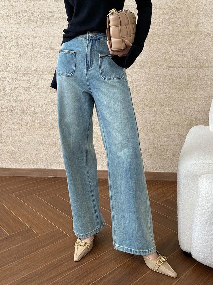 [LANMREM] Washed Jeans For Women High Waist Straight Wide Leg Denim Pants Fashion Trousers 2024 Autumn New Clothing 26C462