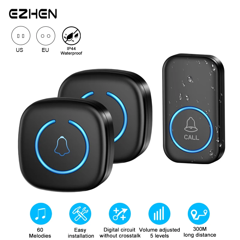 Wireless Doorbell Smart Welcome Door Bell 300M/984 FT Remote 60 Songs Distinction Smart Doorbell Call Bell US EU Plug Optional