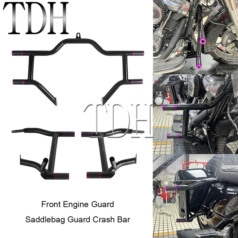 Motorcycle Bumper Saddlebag Rails Guard Engine Guard w/ End Tube Sliders For Harley Road King Special FLHRXS Electra Glide 14-23