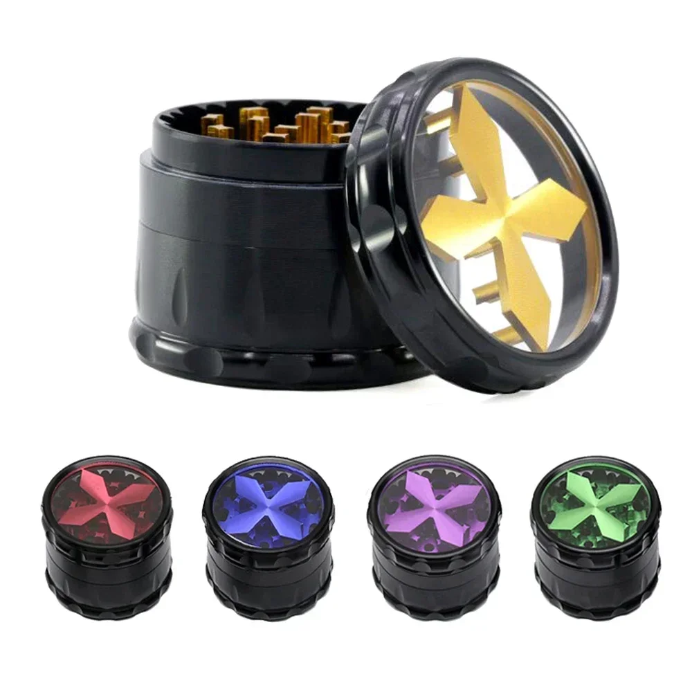 Tobacco Herb Grinder 63MM Cross Window Style Aluminum Alloy 4 Layer with Screen Drum Metal Herb Spice Smoking Crusher