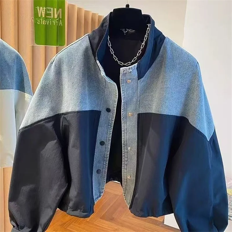 European Denim Jacket Women's Spring Autumn 2025 New Splicing Collar Denim Coat Female Casual Overcoat Short Jeans Outwear Top