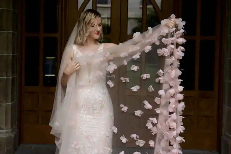 Dreamy Bridal Veil Wide Circular Train Delicate Petal Ornaments Airy Sheer Tulle Wedding Bridal Shoot Romantic Ceremonies