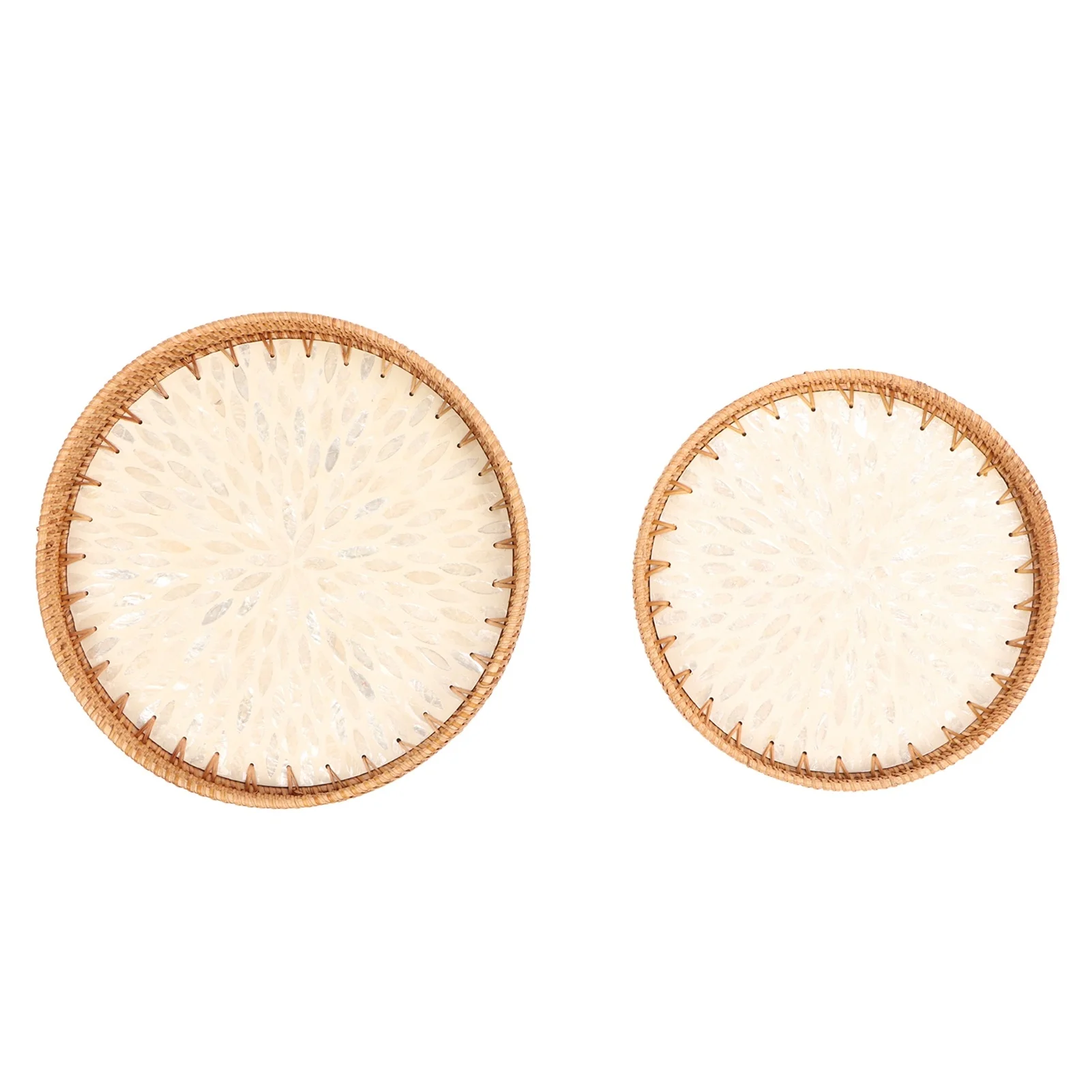 2pcs Woven Snack Serving Tray Round Traditional Handmade Art Style Rattan Decorative Tray for Food Fruit