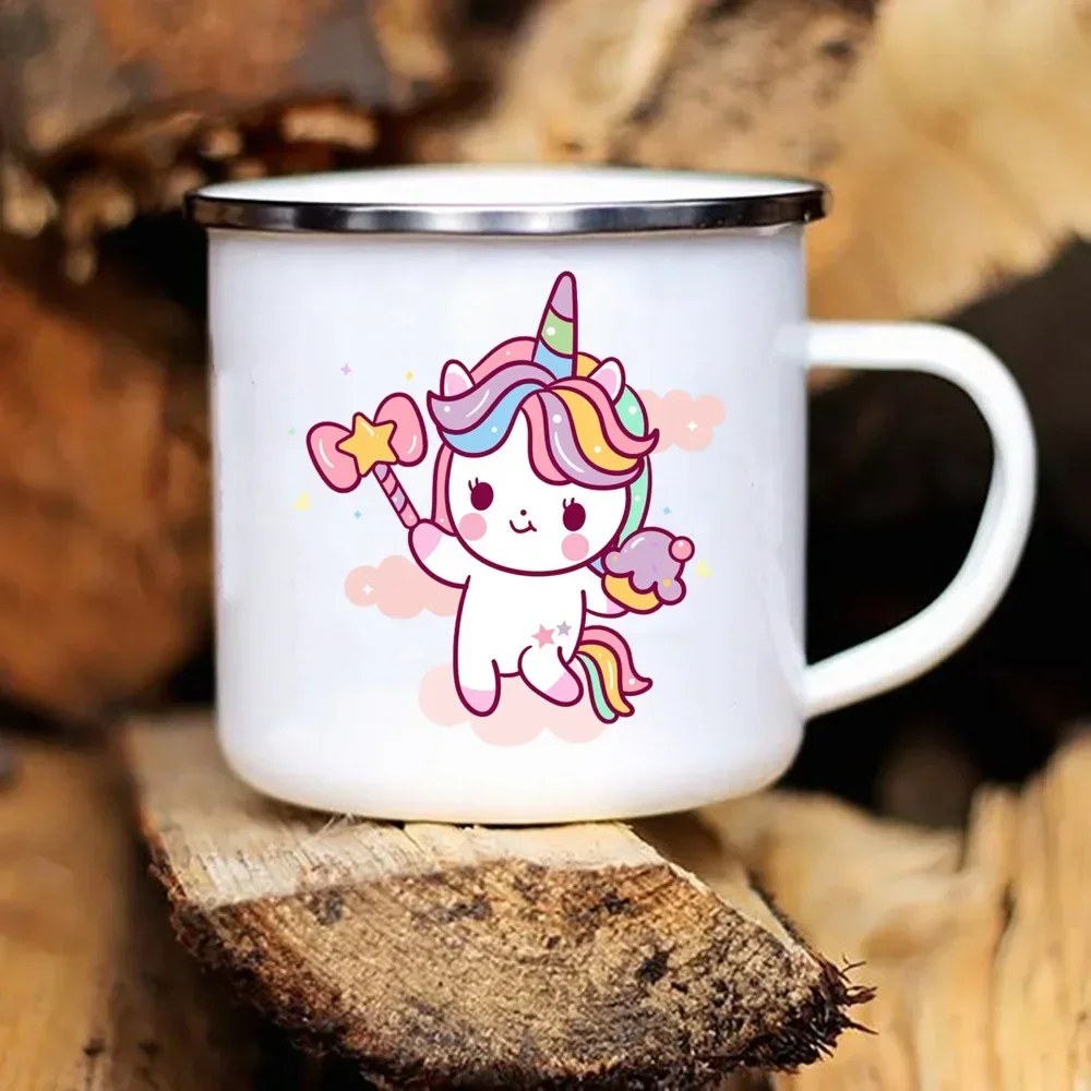 Enamel Mugs Cartoon Unicorn Printed Creative Mug Water Juice Drinks Milk Cup Handle Drinkware Kids Birthday Children's Day Gift