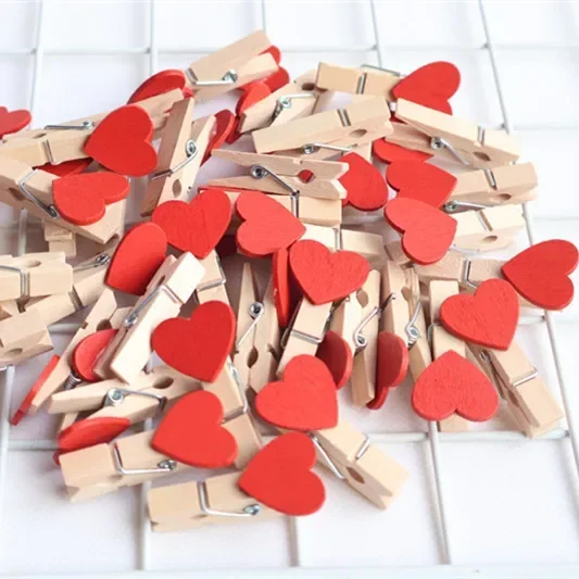 12/120PCS Wooden Colored Clip Mini Heart-Shaped Memo Paper Photo Peg Clothespin DIY Valentine's Day Wedding Party Craft Decor