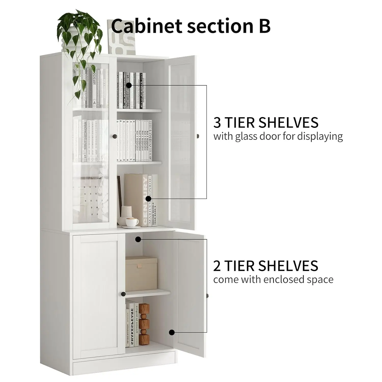 71'' 5-Tier Bookshelf with Glass Doors, Tall Freestanding Storage Cabinet for Home Office Living Room, White, Customized
