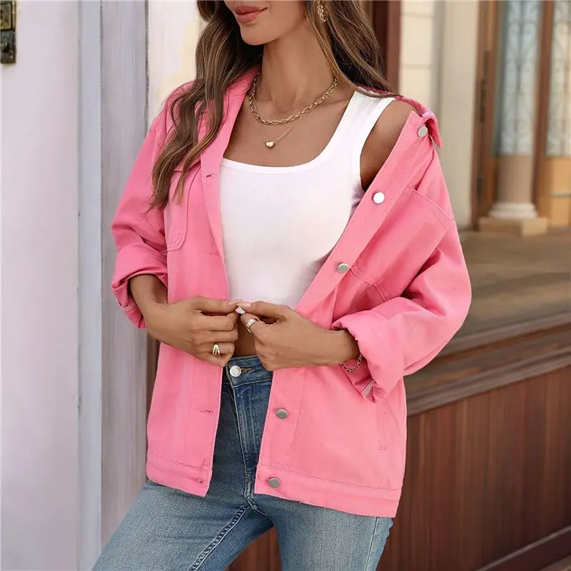 【البيع الساخن!】سترة نسائية كاجوال بأكمام طويلة وزر طية صدر السترة ملابس خارجية فضفاضة على طراز صديقها سترة عصرية من قماش الدنيم #5