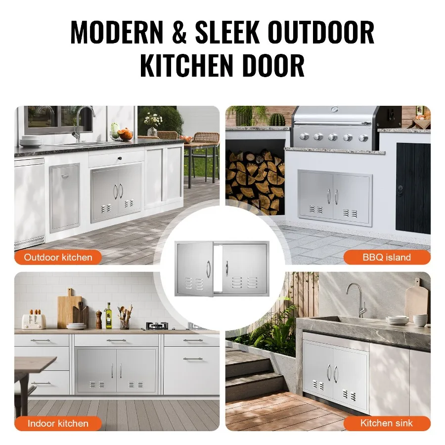 BBQ Access Door, 36W x 21H Inch Double Outdoor Kitchen Door, Stainless Steel Flush Mount Door, Wall Vertical Door with Handles