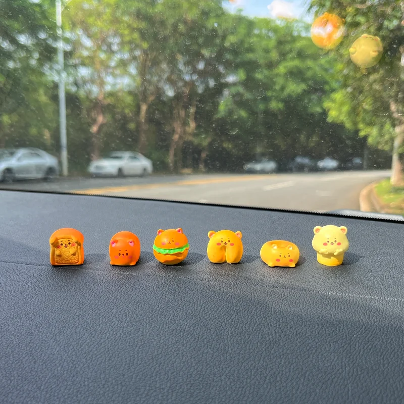 6PCS Car Dashboard Decoration Mini Bread Dog Cartoon Toast Bagel Hamburger Creative Center Console Outlet Decoration