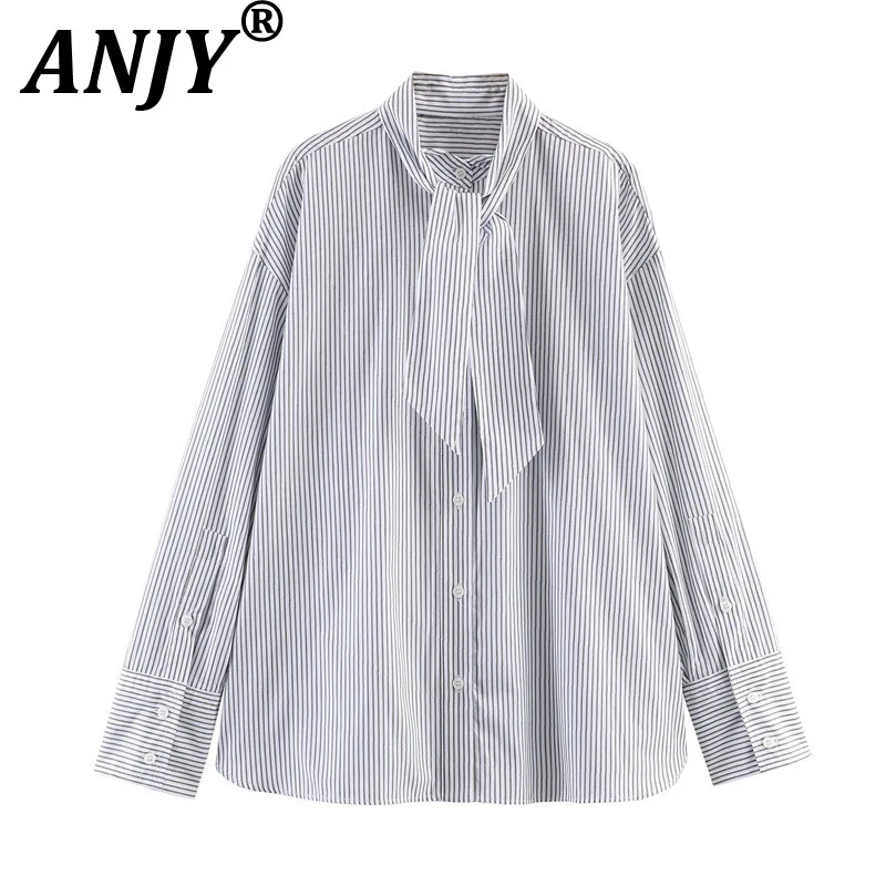 

ANJY 2026 Spring Autumn New Women European Fashion Elegant Scarf Decorated Striped Shirt Ins Trend Casual Loose Versatile A18662