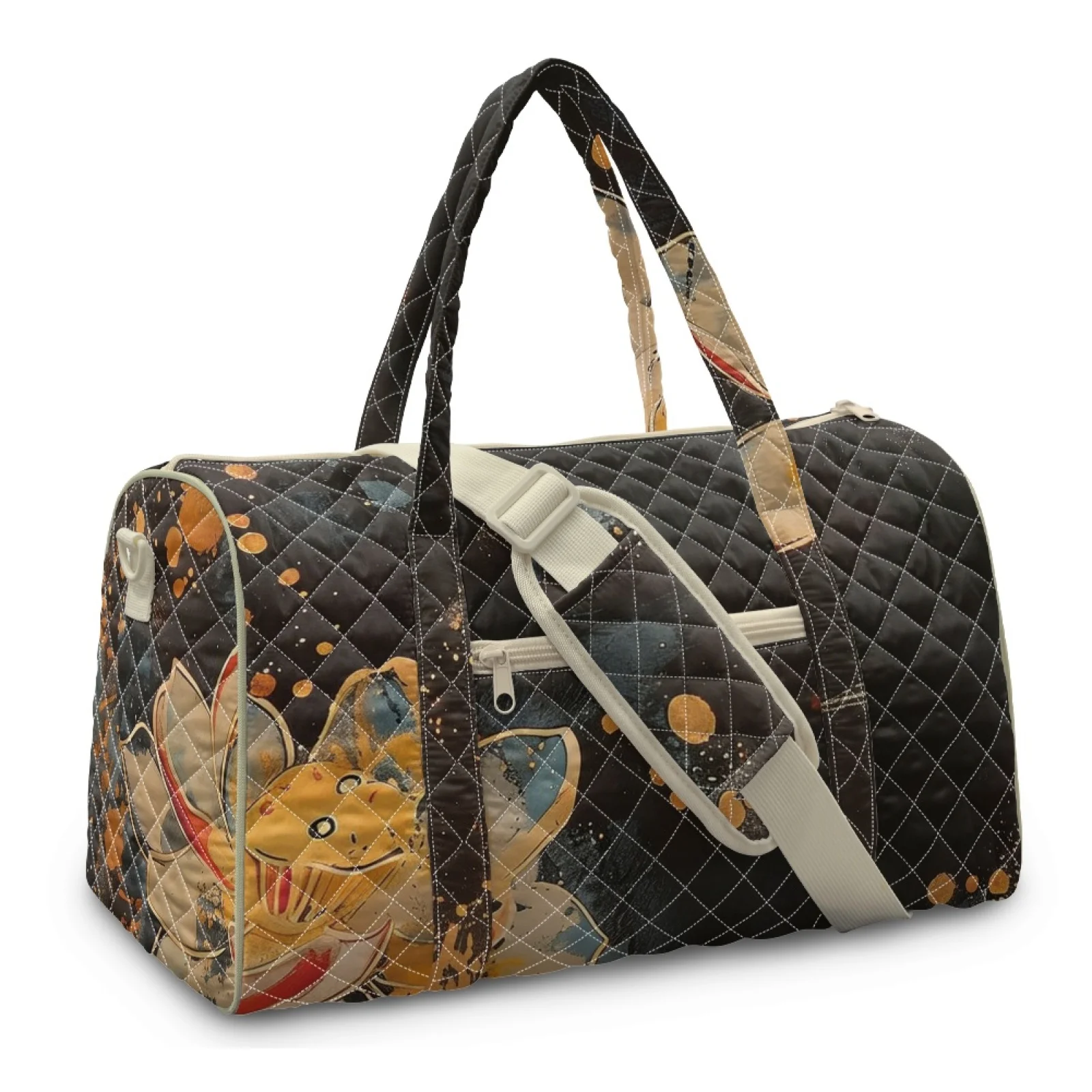 Coloranimal Ink Lotus Pattern New Trend Quilted Tote Duffle Bag Polyester Lightweight Quilted Duffle Bags for Yoga
