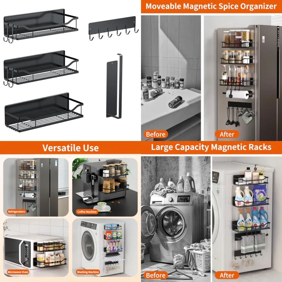 Magnetic Spice Rack, Multifunctional Magnetic Shelf for Washing Machine, Refrigerator, Microwave, and Any Metal Surface, Powerf