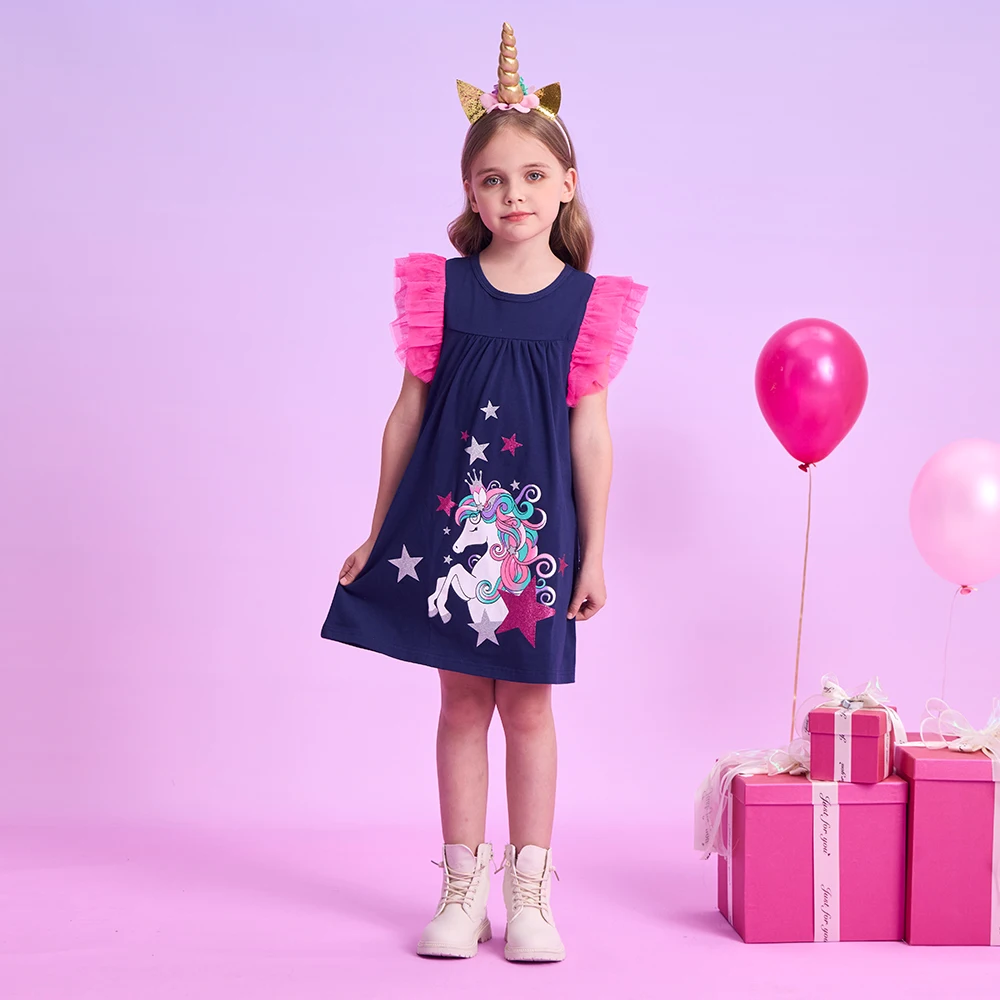 DXTON 2024 Summer Flying Sleeve Toddler Girls Dresses Patchwork Children Cotton Clothing Unicorn Casual Princess Dress For Girls