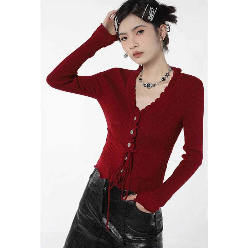 2023 Women\'s Clothes Red  V-neck Sweater French Vintage Spring Design Mature Female Knitting Slim Fit Long Sleeves Tops Cardigan