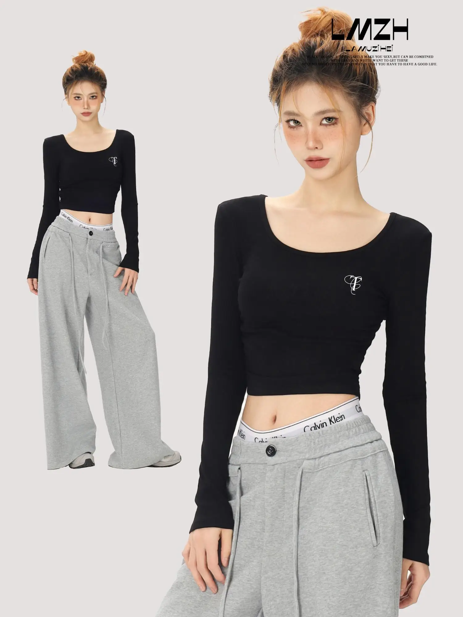 

Slim Fit ort Sve U-Ne Long Sve T-irt Women Early Autumn Spicy Girl American Sle Bla Base irt Top