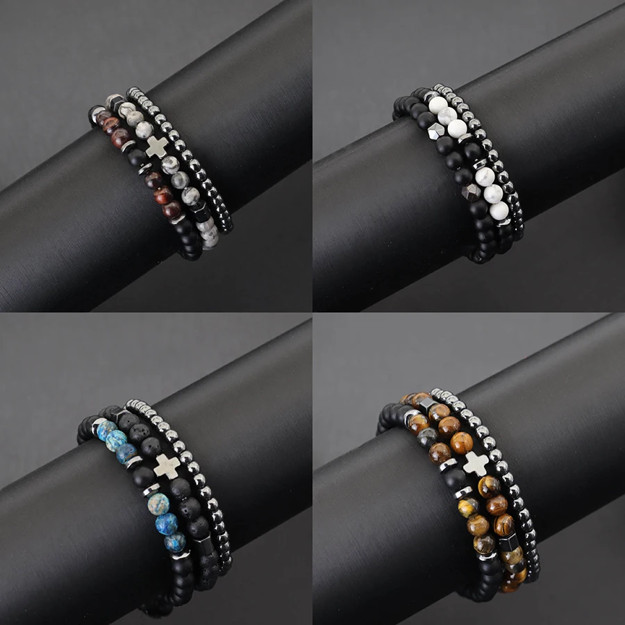 Ensemble de 3 bracelets élégants pour hommes, en pierre de lave naturelle, en œil de tigre, en hématite, bracelet de guérison, cadeau pour lui, Pulseria