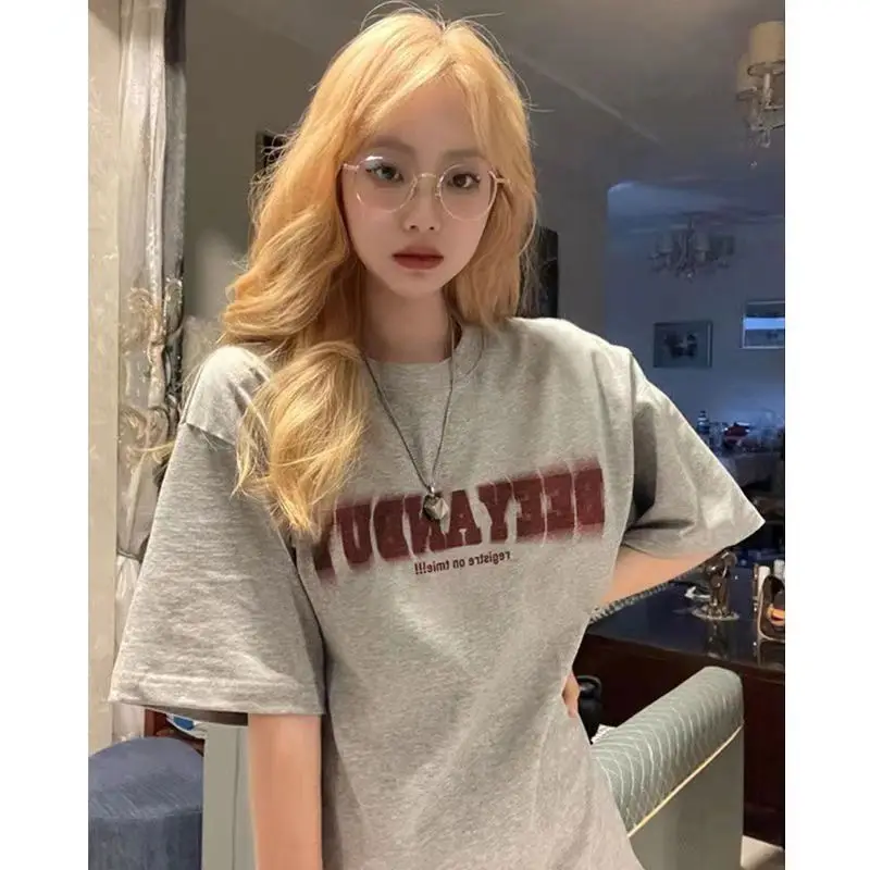 

Pure cotton American blurred letter short-sleeved T-shirt for women summer ins style niche oversize trendy top clothes y2k tops