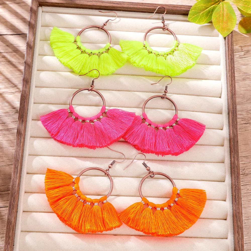 Bohemian Color-Block Neon Fan-Shaped Tassel Hoop Earrings – Vintage Ethnic Style Accessories for Beach Vacations and Parties