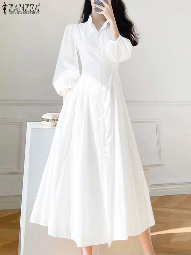 ZANZEA-Robe mi-longue à col montant pour femme, chemise à manches lanterne, robe évasée, streetwear décontracté, printemps, éducatif, 2025