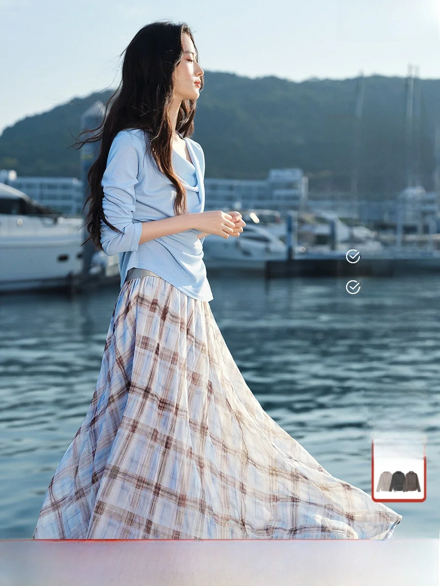 

Ele Pleated T-irt And Skirt Set for Women Spring Summer Vintage Plaid f Skirt Faionable Ensemble by XWI