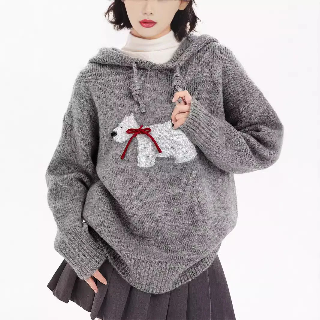 Grey Puppy Print Hooded Women's Sportswear 2024 New Fashion Cute Sweater Autumn and Winter Women's High-end Top Women's Clothing