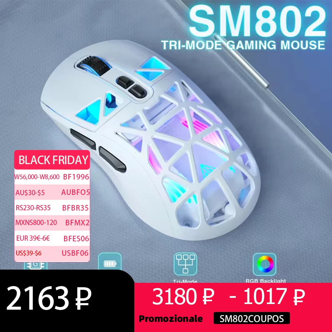 SOLAKAKA SM802 TRI-MODE Wireless Gaming Mouse 10000 DPI Customized Macro Replaceble Switch RGB Gamer Mouse 63g Ultra-light