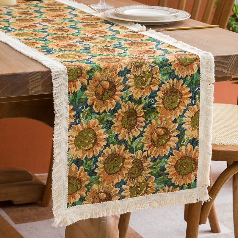 Hotel Home Tassel Table Flag American Retro Sunflower Table Runner Long Decorative Cloth Bucket Cabinet Cover Tea Table Towel