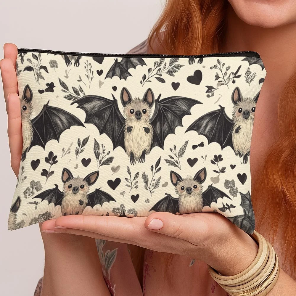1pc Adorable Gothic - Bat Design Black And White Fun Makeup Bag - Zippered Multi-Purpose Travel Toiletry Organizer