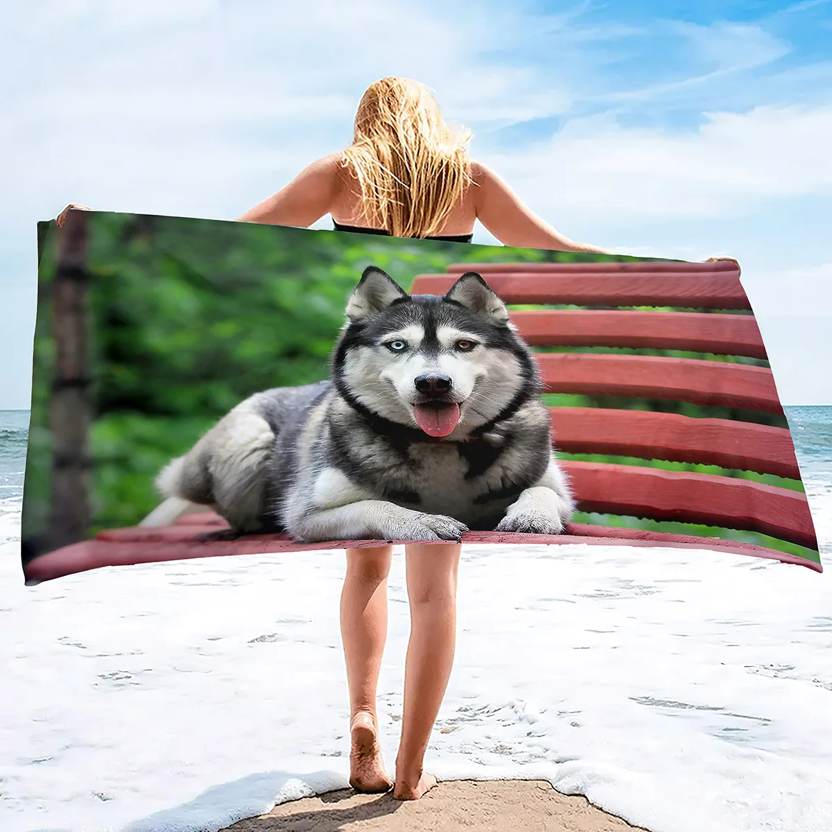 Lightweight Beach Towels Quick Dry, Husky Dog Soft Microfiber Sand Free Pool Bath Outdoor Travel Towel for Camping Swimming Yoga