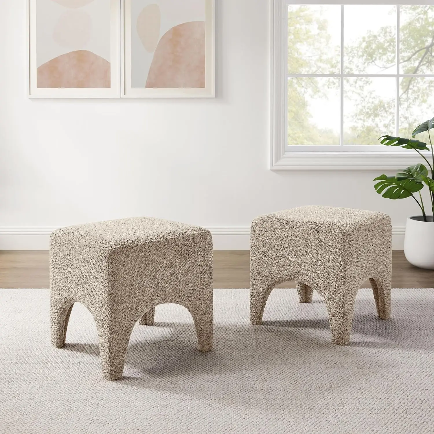 

17" Boucle Modern Square Foot Stool, Vanity Makeup Stool, Upholstered Ottoman for Living Room, Bedroom (2, Camel)