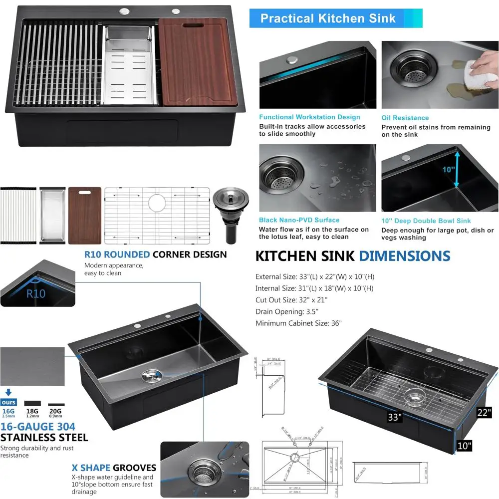 

33 Inch Black Stainless Steel Kitchen Sink with 33x22 Dimensions, 16 Gauge Topmount Single Bowl Design