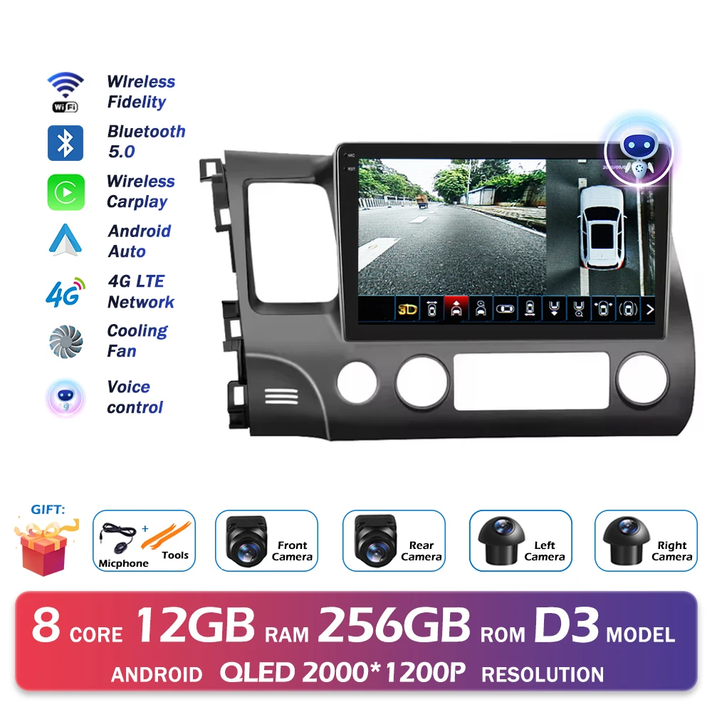 Android 16 Bluetooth Voor Honda Civic 2006-2011 Autoradio Intelligente Multimedia Speler Auto Draadloze CarPlay WIFI 4G DSP GPS