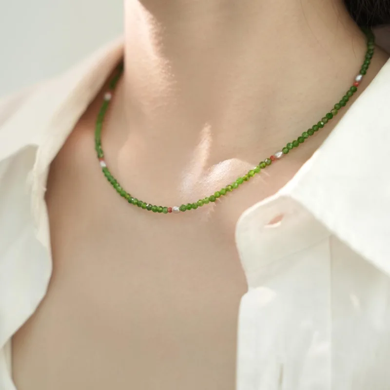 Natural Stone Choker Chain Good Lucky Men's and Women's Necklace Amulet Safe ‌Green Stone Fine Chain Wisdom Auspicious Jewelry